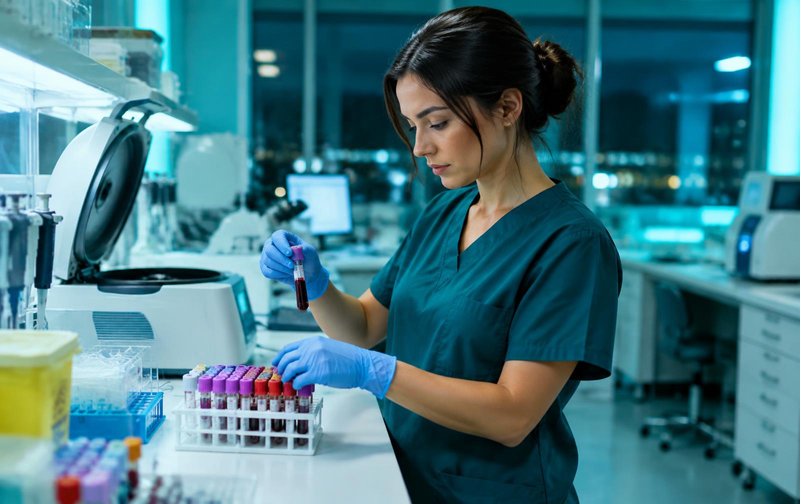 Lab technician processing blood samples in a modern laboratory